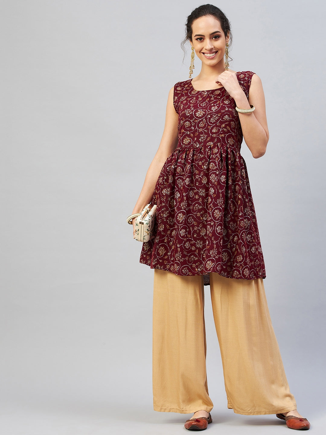 InWeave Women's Burgundy Silver Gold Printed Kurta