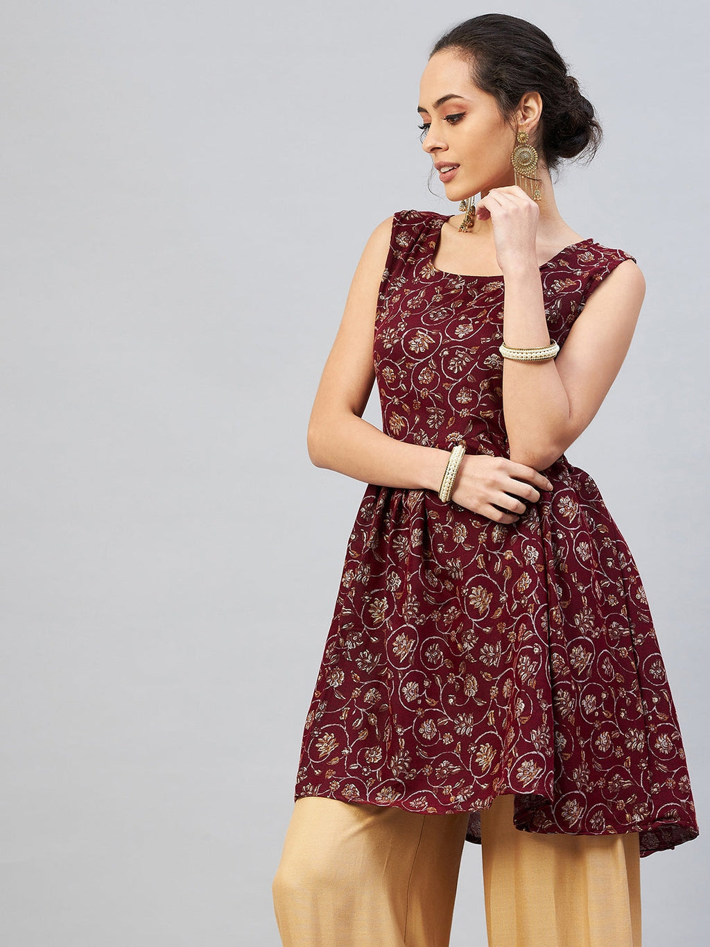 InWeave Women's Burgundy Silver Gold Printed Kurta