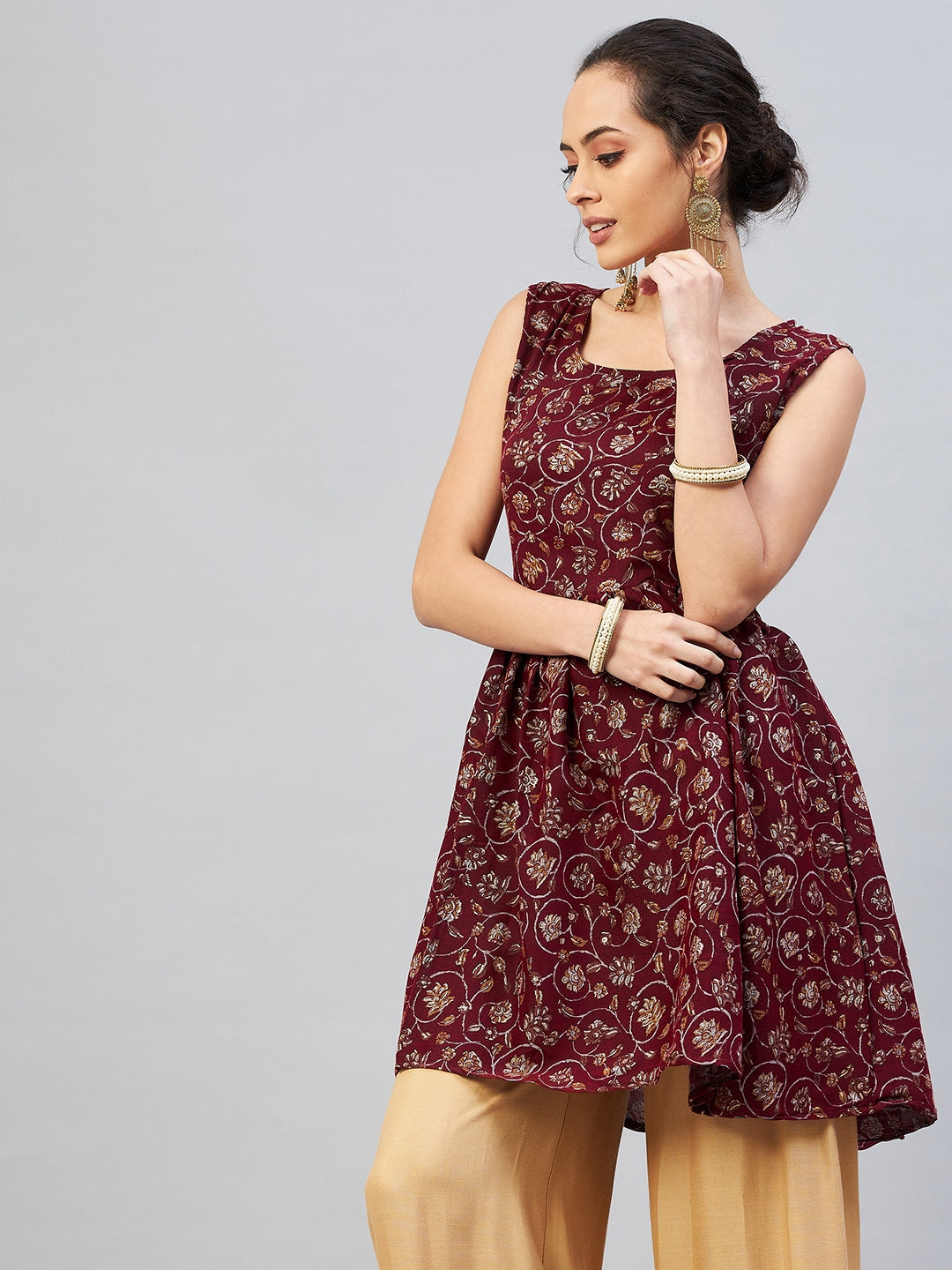 InWeave Women's Burgundy Silver Gold Printed Kurta