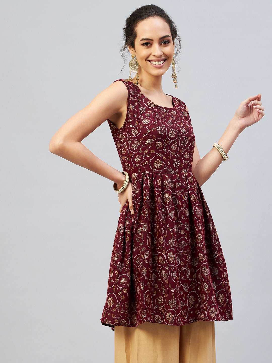 InWeave Women's Burgundy Silver Gold Printed Kurta