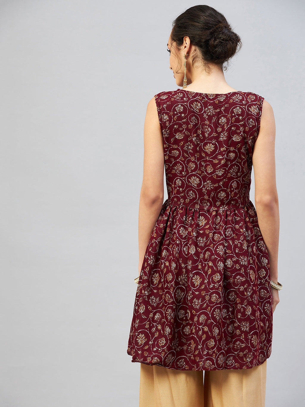 InWeave Women's Burgundy Silver Gold Printed Kurta