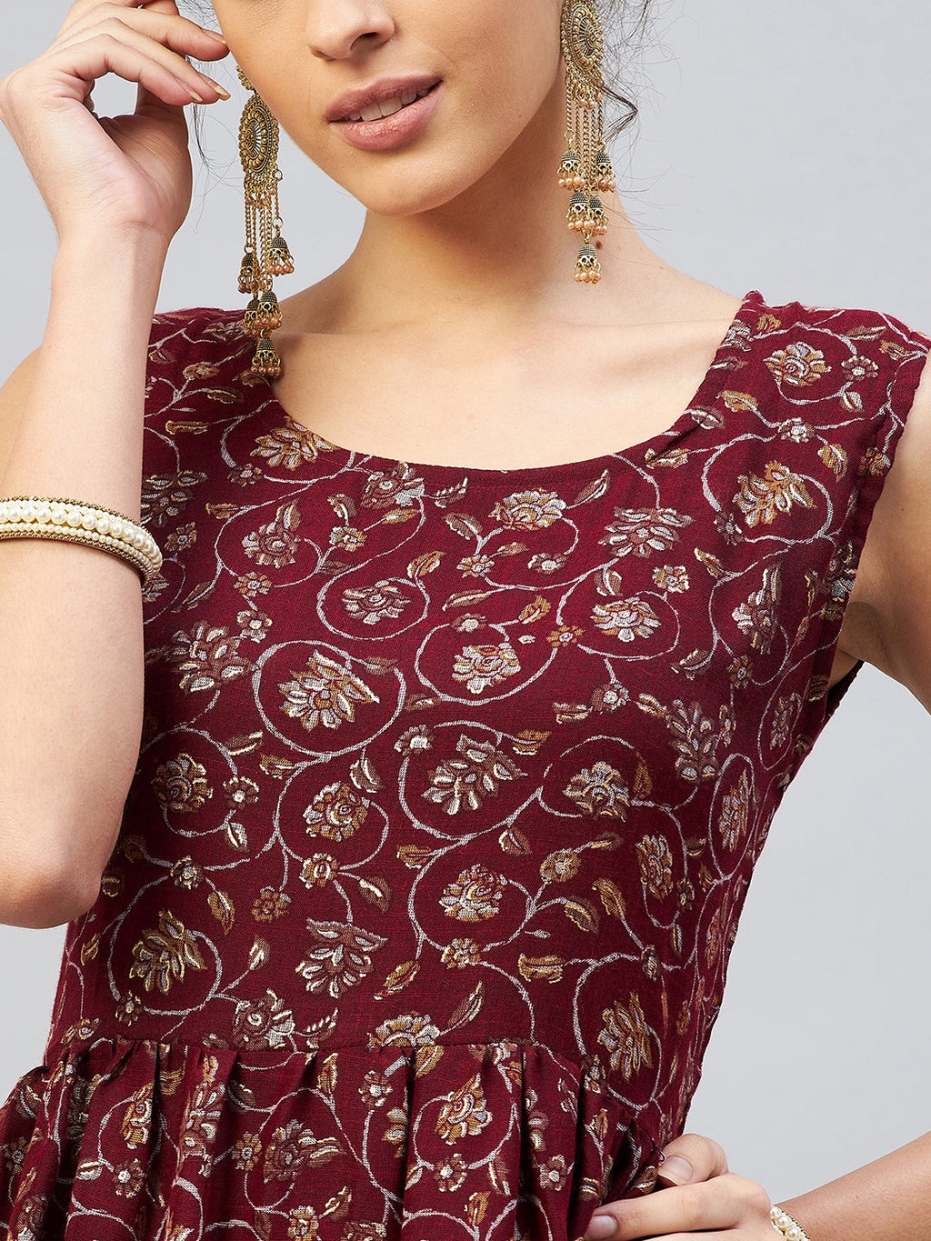 InWeave Women's Burgundy Silver Gold Printed Kurta