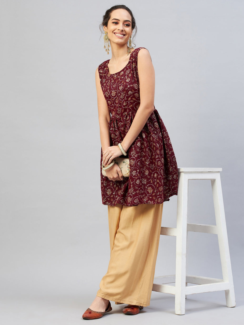 InWeave Women's Burgundy Silver Gold Printed Kurta