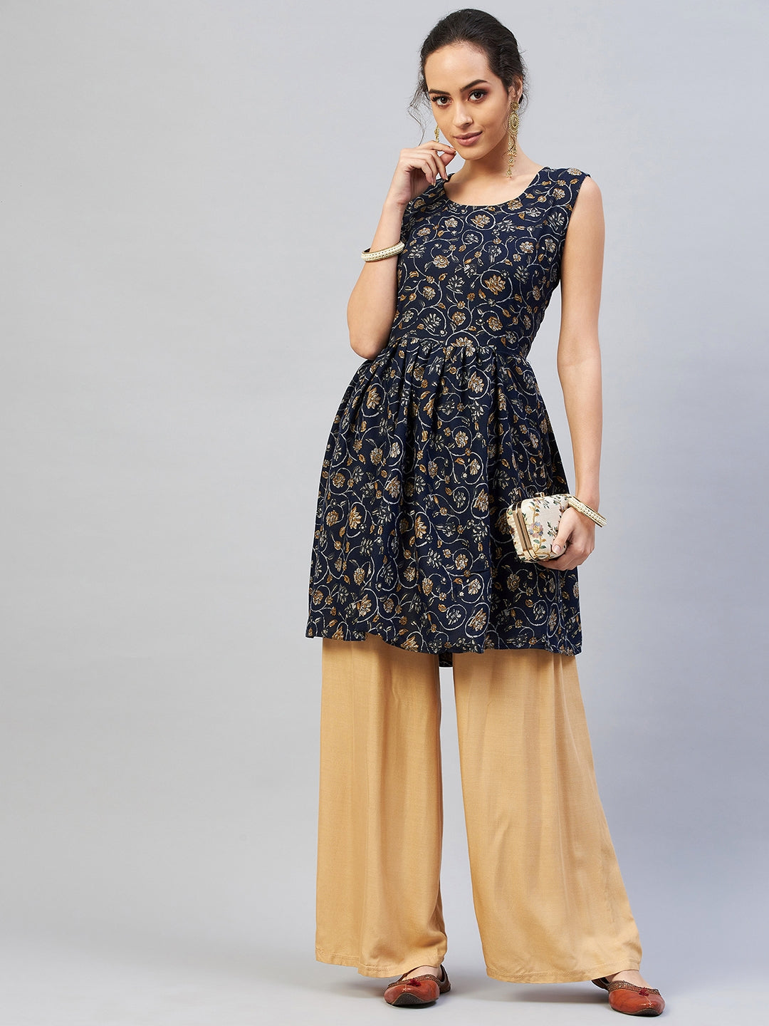 InWeave Women's Blue Silver Gold Printed Kurta