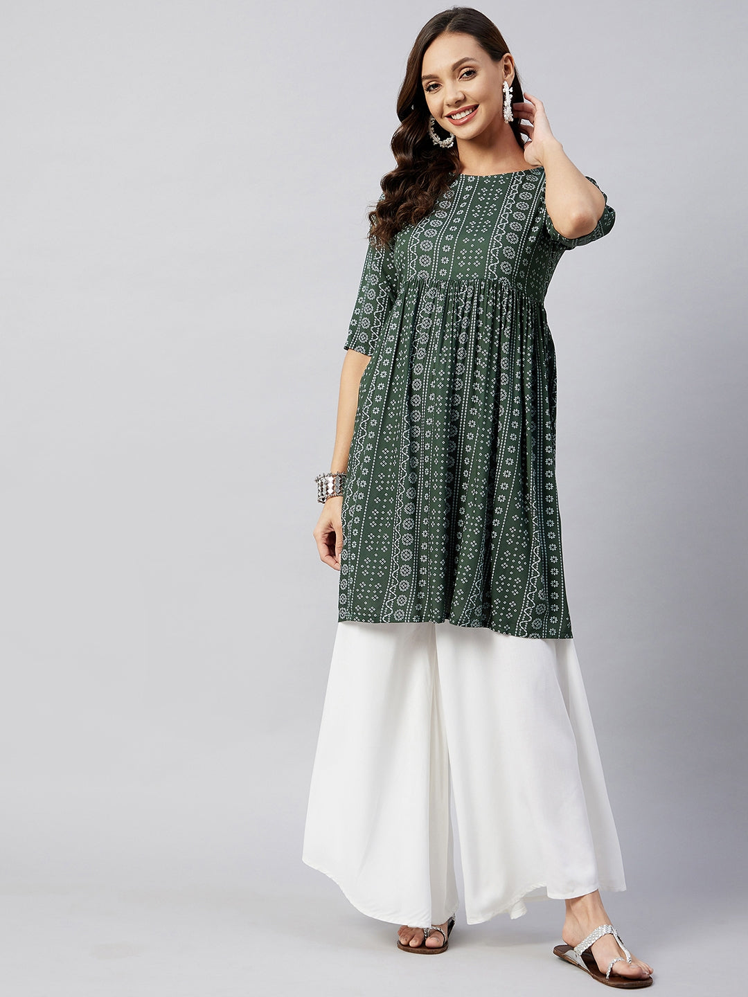 InWeave Women's Green Bandhani Shrot Anarkali Kurta