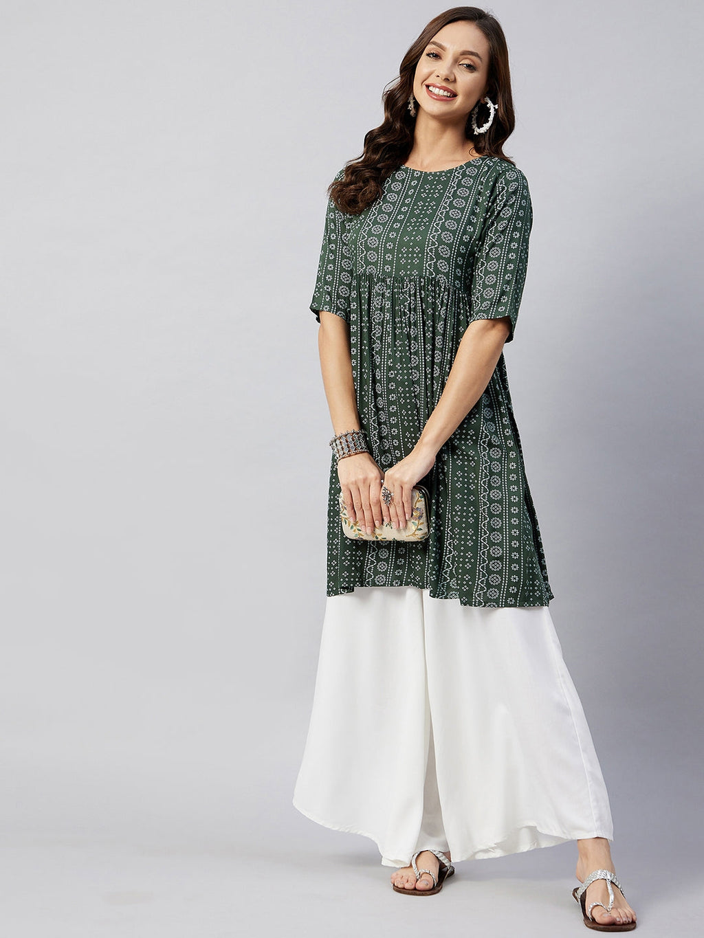 InWeave Women's Green Bandhani Shrot Anarkali Kurta