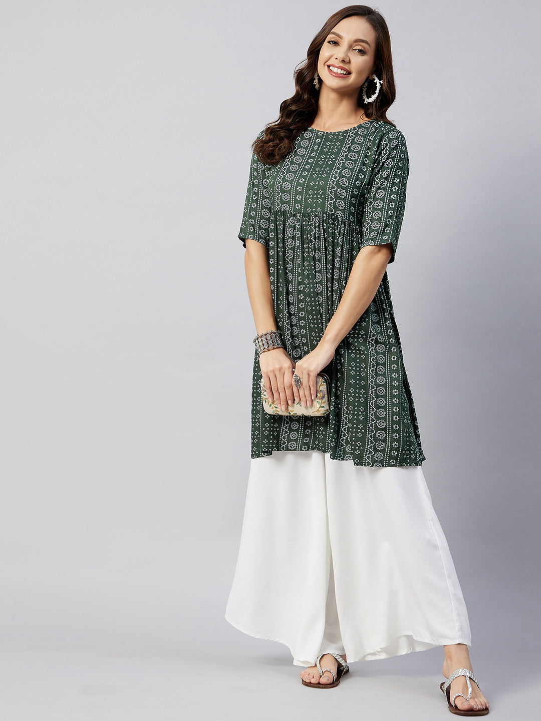 InWeave Women's Green Bandhani Shrot Anarkali Kurta