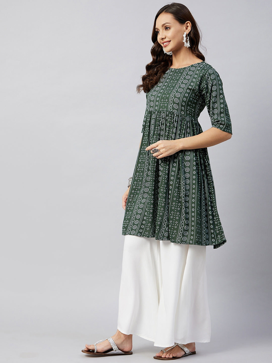 InWeave Women's Green Bandhani Shrot Anarkali Kurta