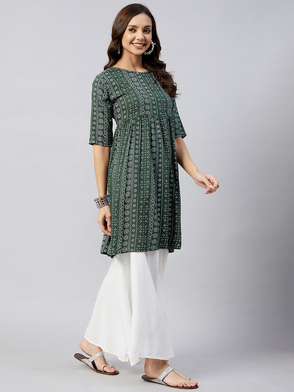 InWeave Women's Green Bandhani Shrot Anarkali Kurta