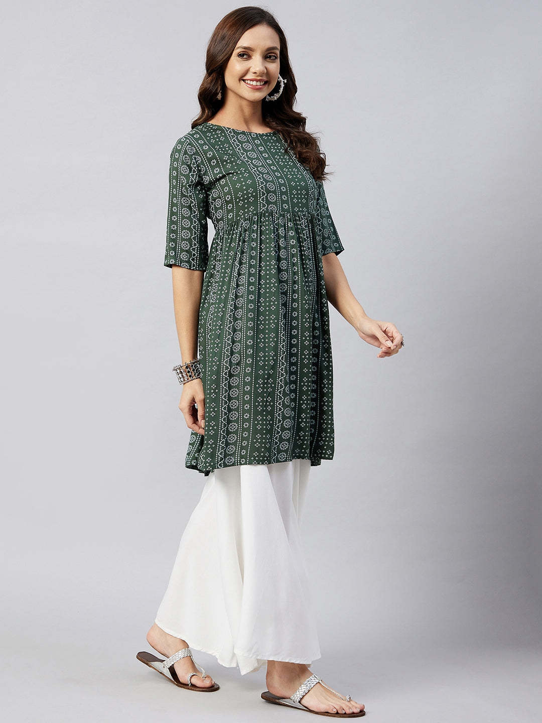 InWeave Women's Green Bandhani Shrot Anarkali Kurta