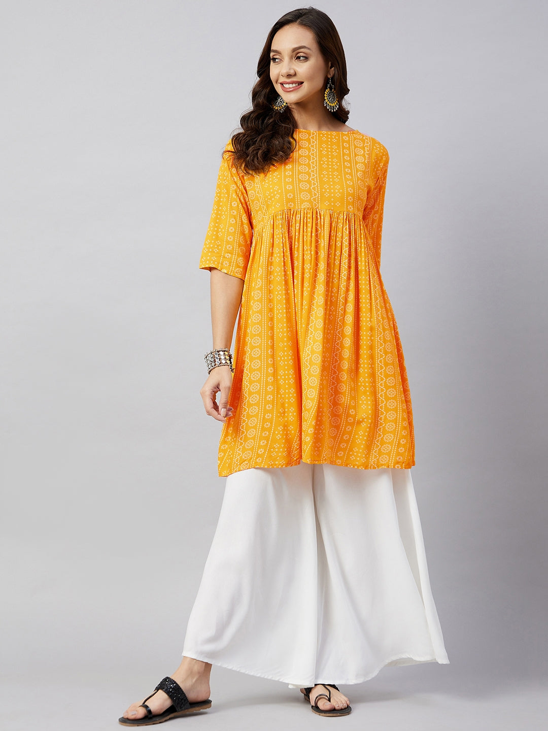 InWeave Women's Yellow Bandhani Short Anarkali Kurta