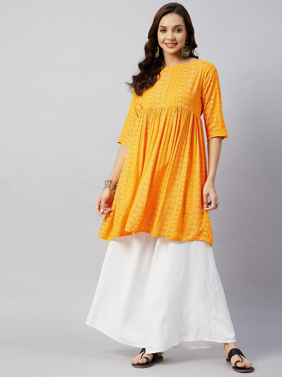 InWeave Women's Yellow Bandhani Short Anarkali Kurta