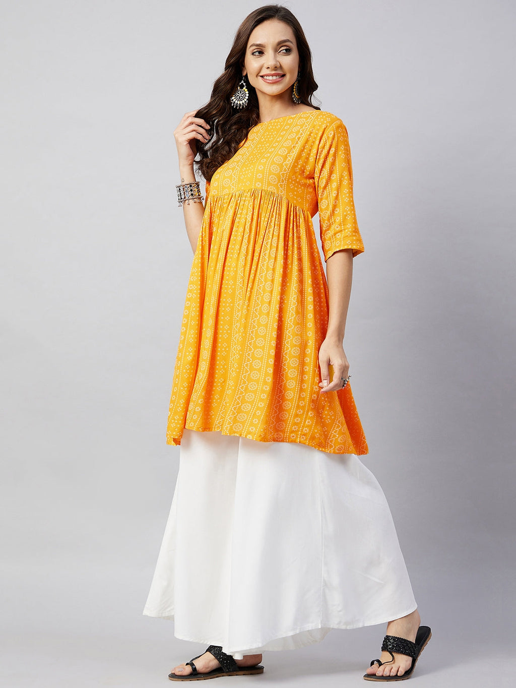 InWeave Women's Yellow Bandhani Short Anarkali Kurta