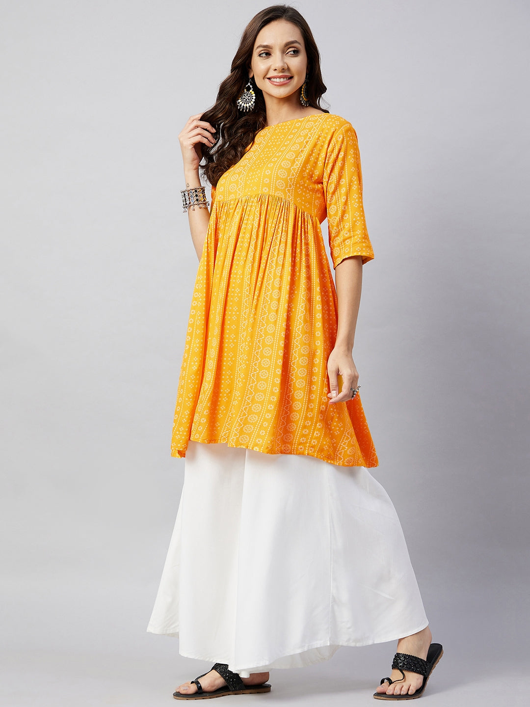 InWeave Women's Yellow Bandhani Short Anarkali Kurta