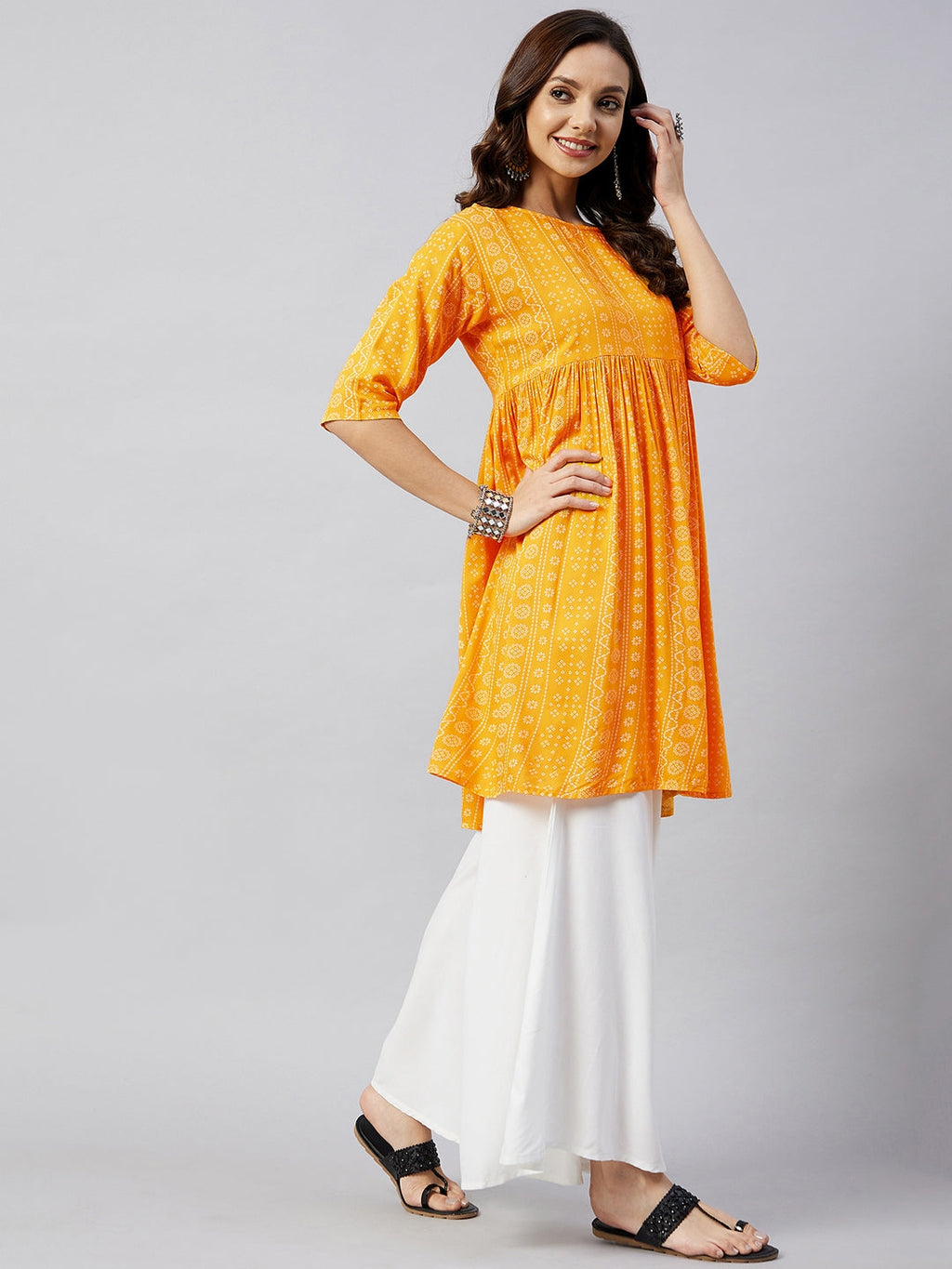 InWeave Women's Yellow Bandhani Short Anarkali Kurta