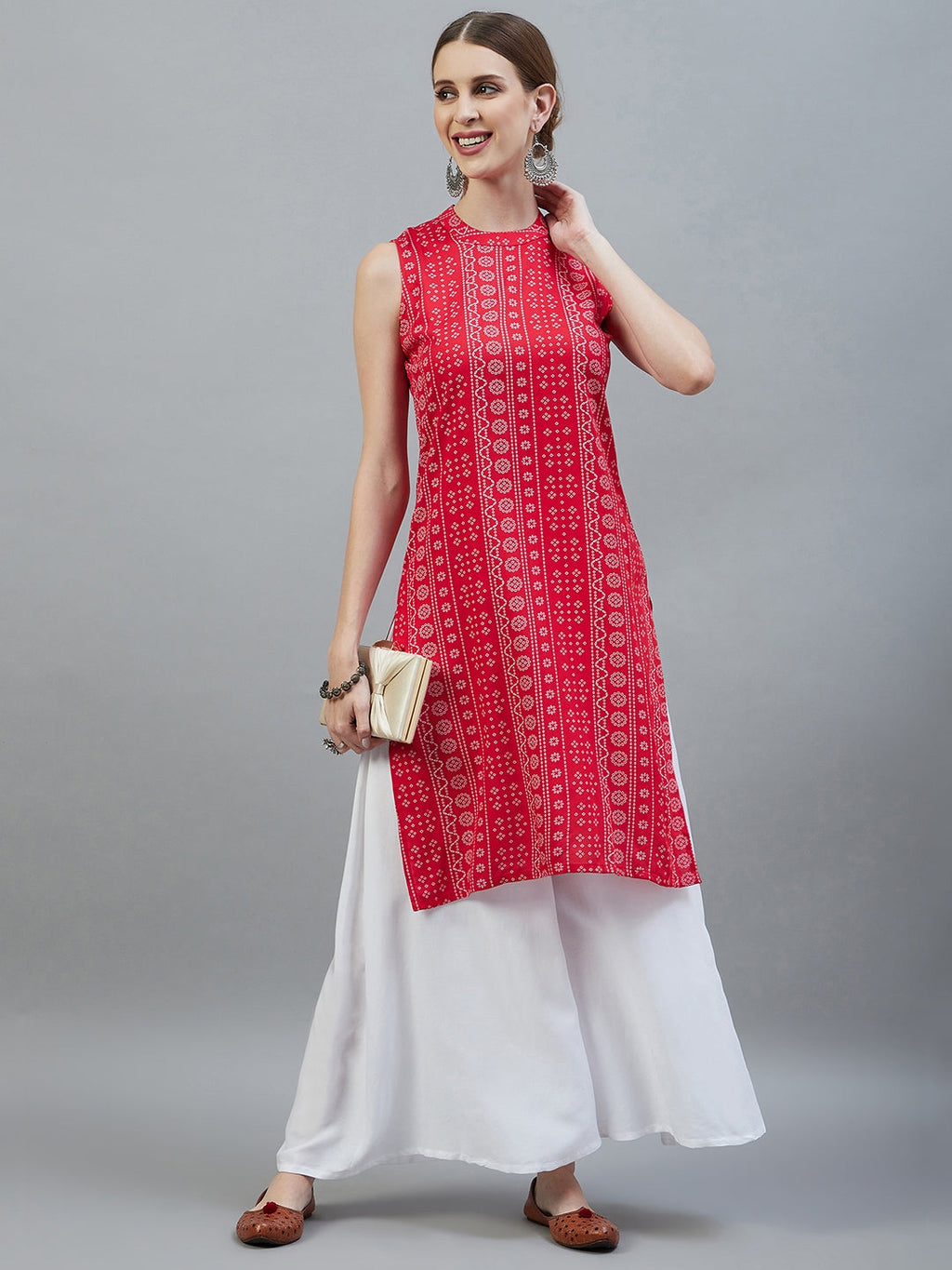 InWeave Women's Red Bandhej Halter Kurta