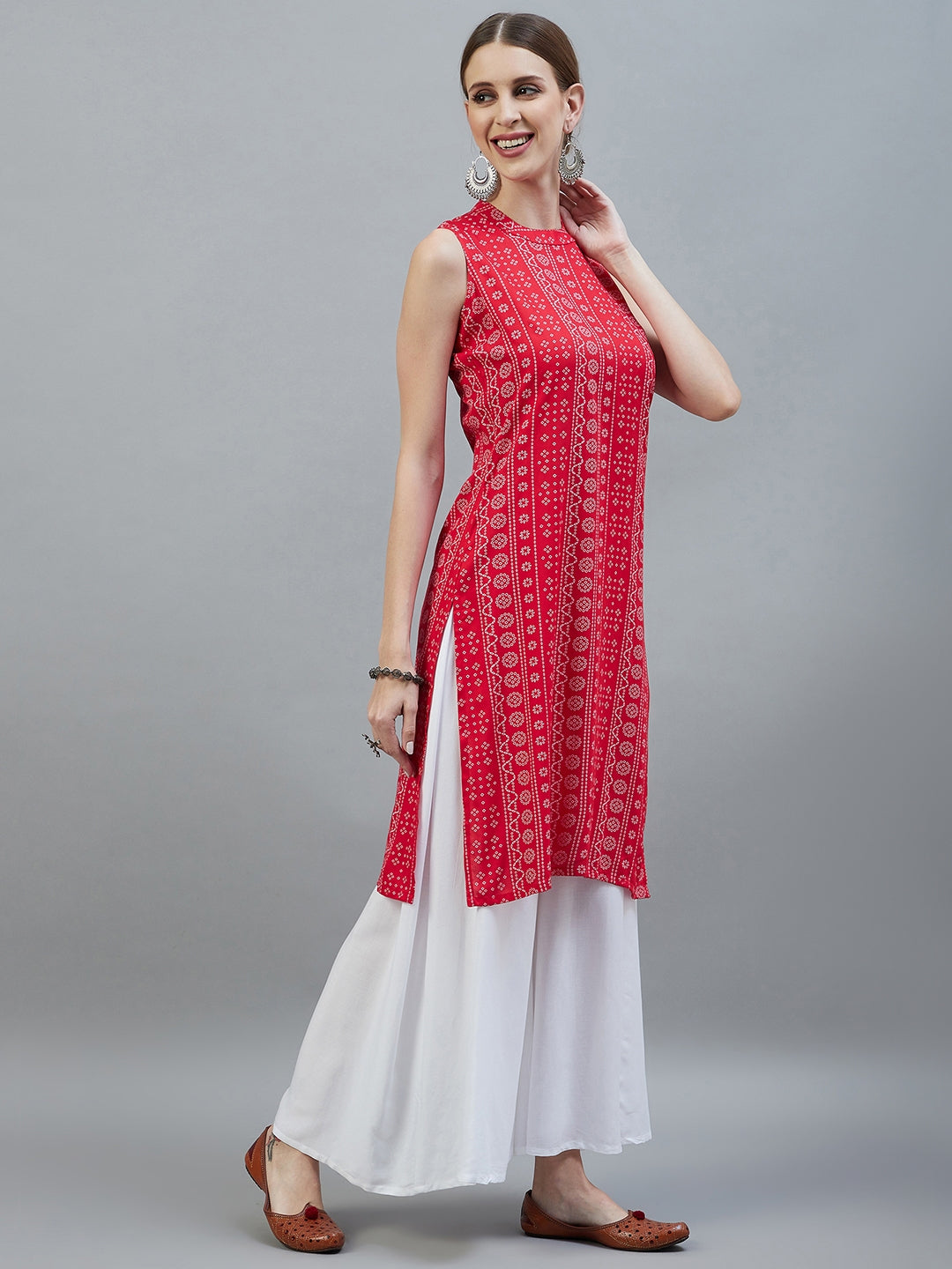 InWeave Women's Red Bandhej Halter Kurta