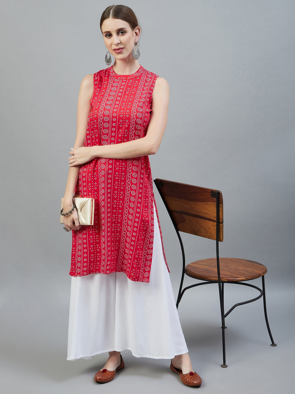 InWeave Women's Red Bandhej Halter Kurta