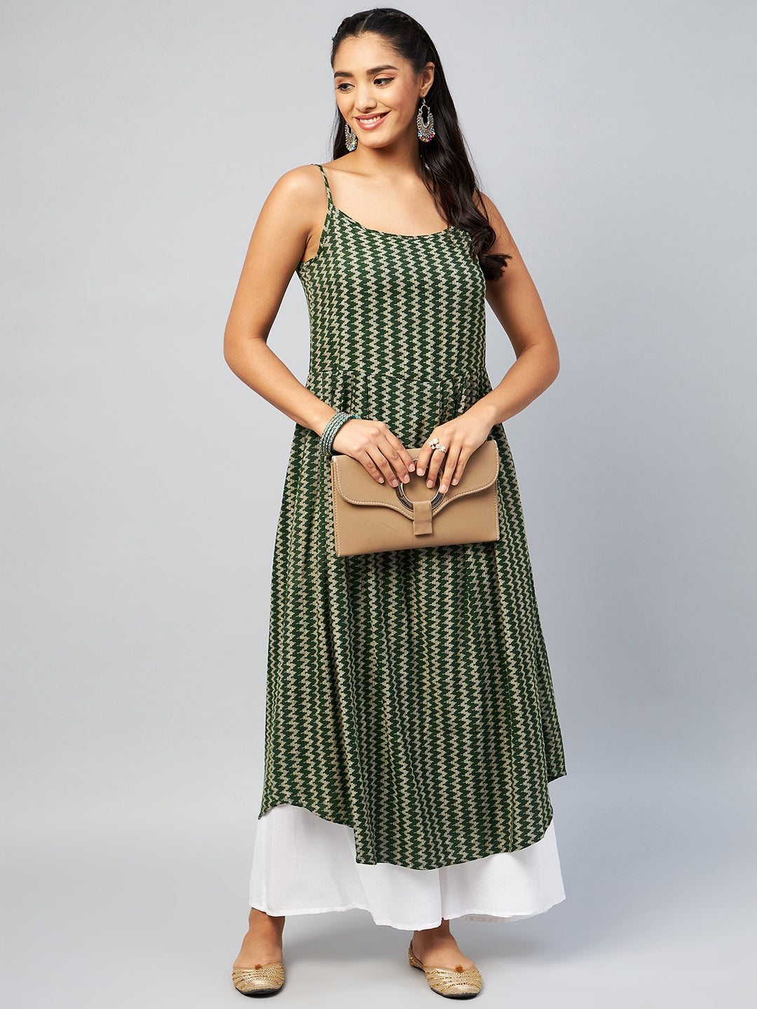 InWeave Women's Green Zig Zag Print Strappy Kurta