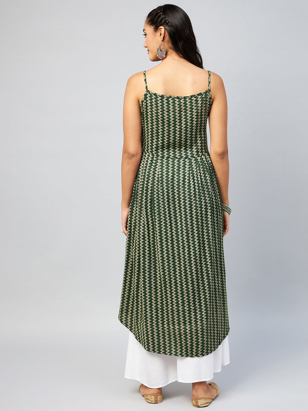 InWeave Women's Green Zig Zag Print Strappy Kurta