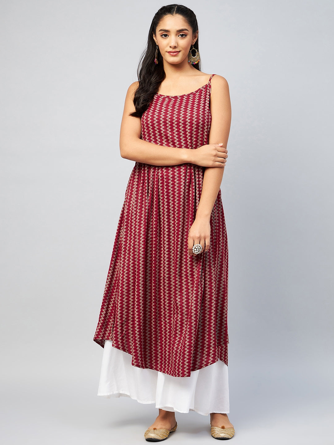 InWeave Women's Maroon Zig Zag Print Strappy Kurta