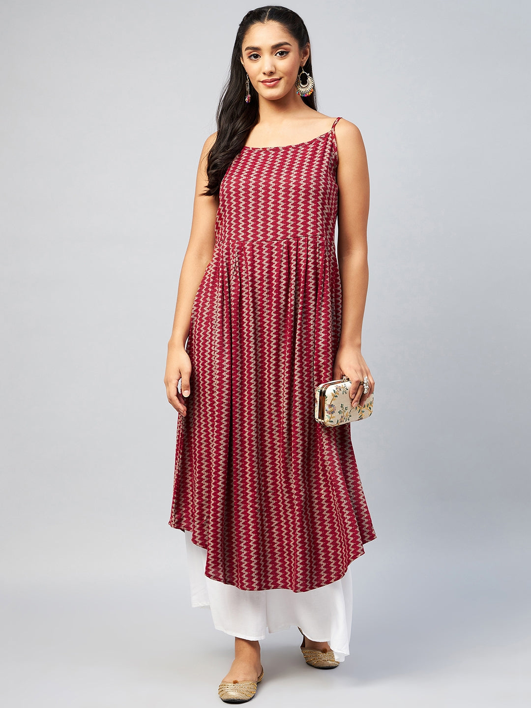 InWeave Women's Maroon Zig Zag Print Strappy Kurta