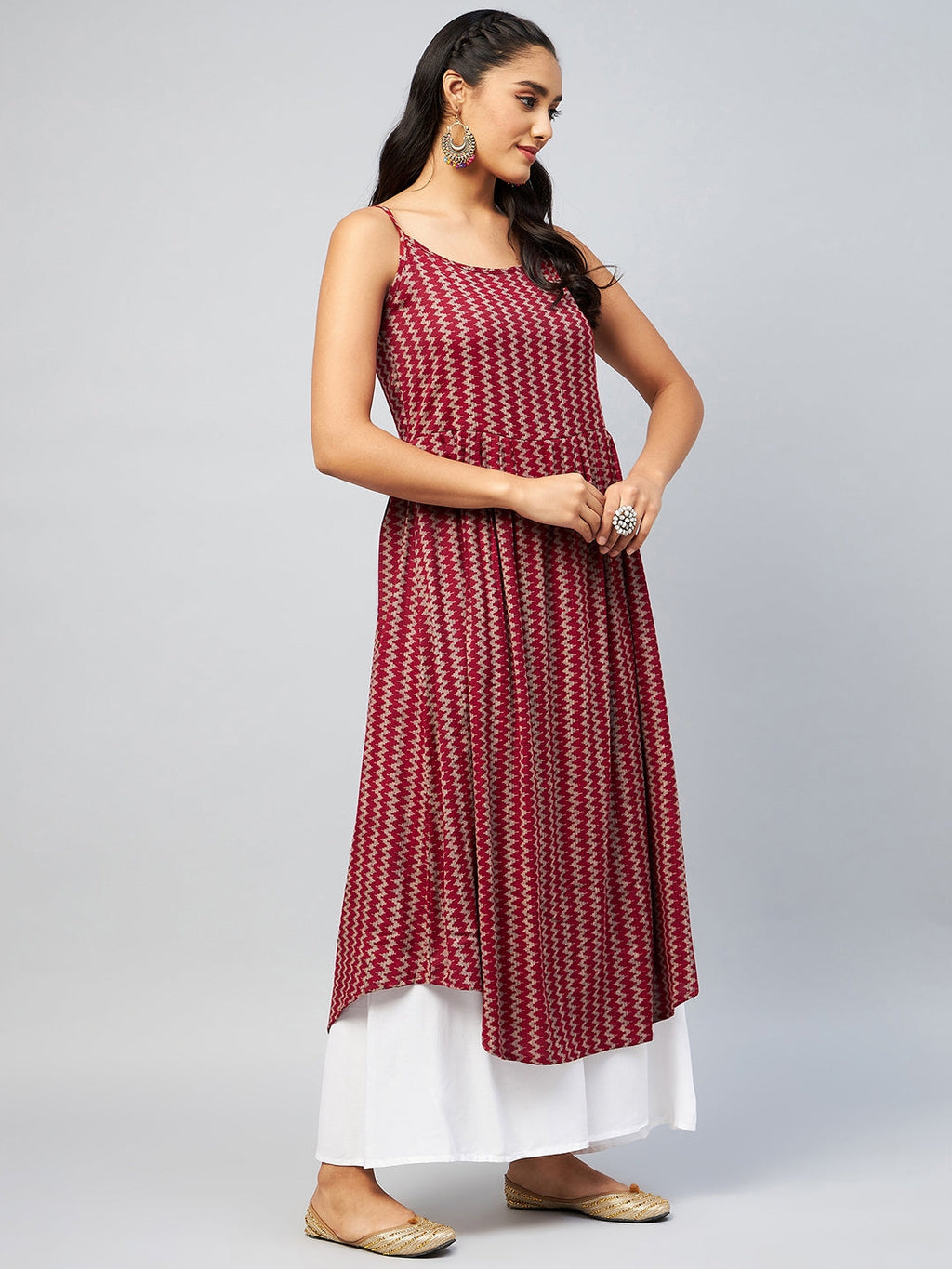 InWeave Women's Maroon Zig Zag Print Strappy Kurta