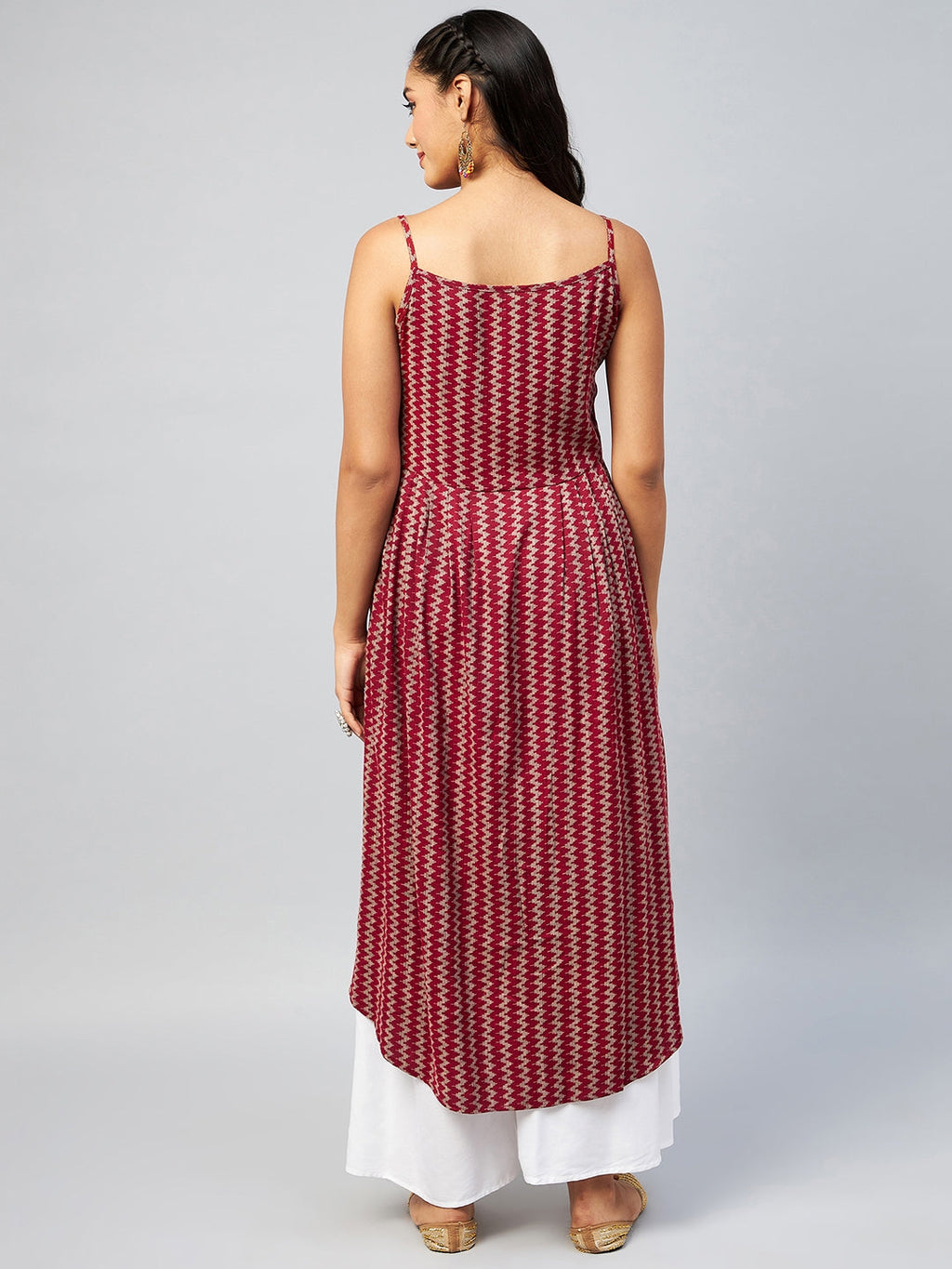 InWeave Women's Maroon Zig Zag Print Strappy Kurta