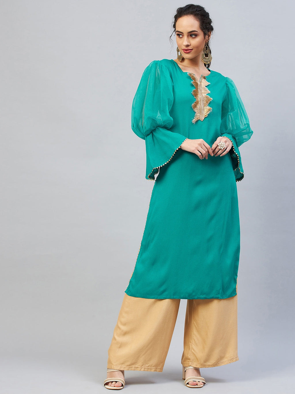 InWeave Women's Aqua Blue Organza Sleeve Gota Work Kurta