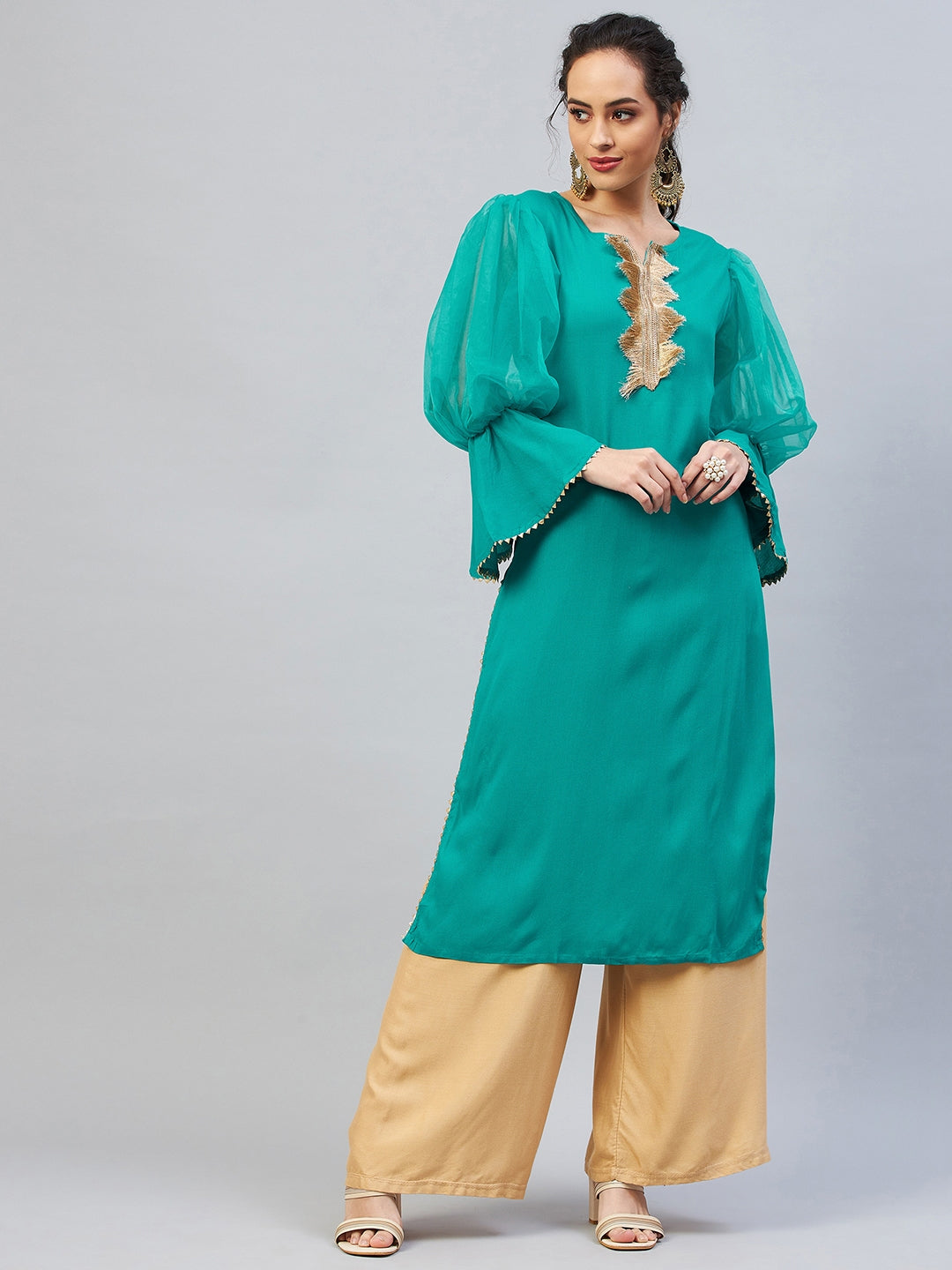 InWeave Women's Aqua Blue Organza Sleeve Gota Work Kurta