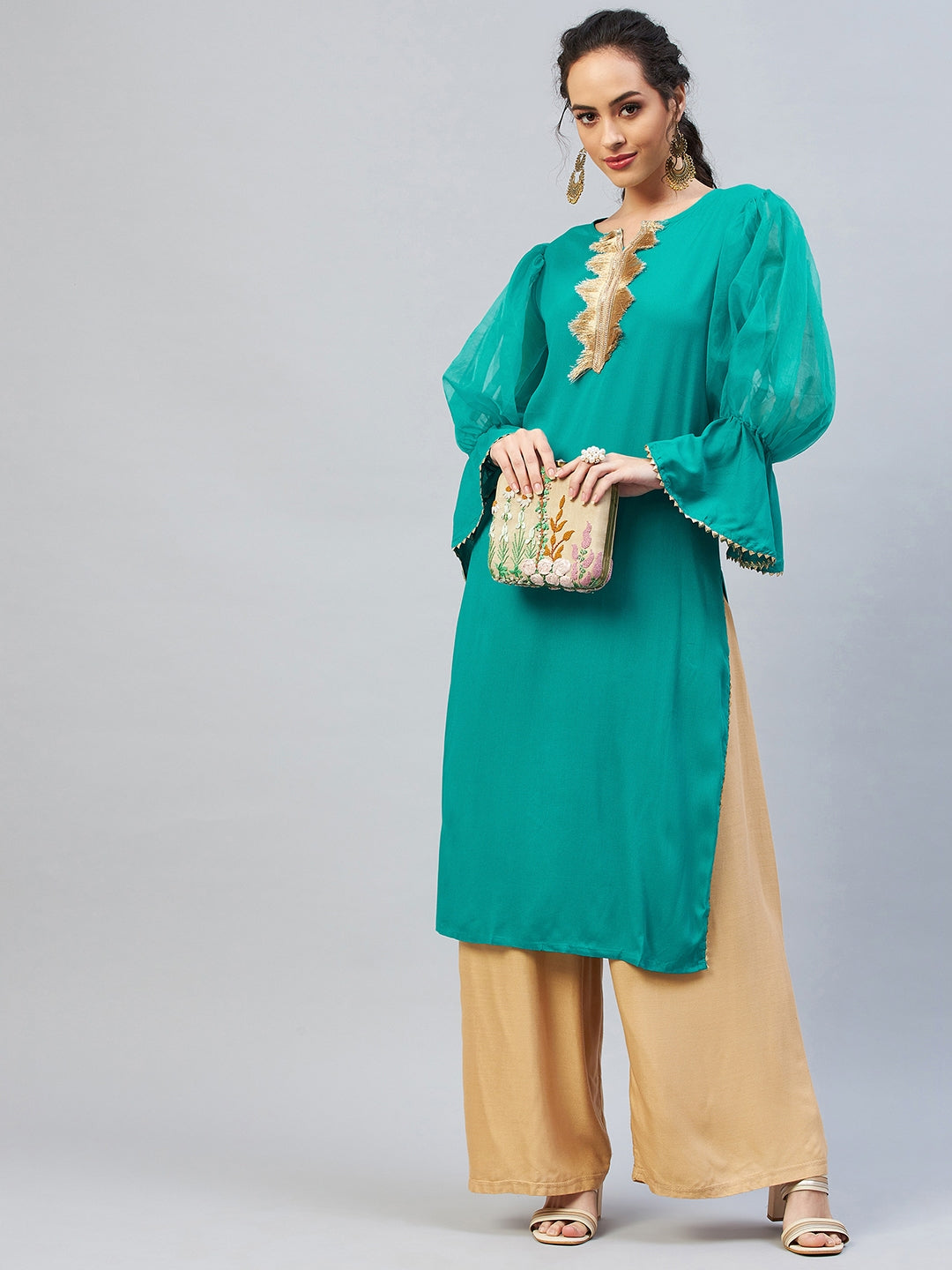 InWeave Women's Aqua Blue Organza Sleeve Gota Work Kurta