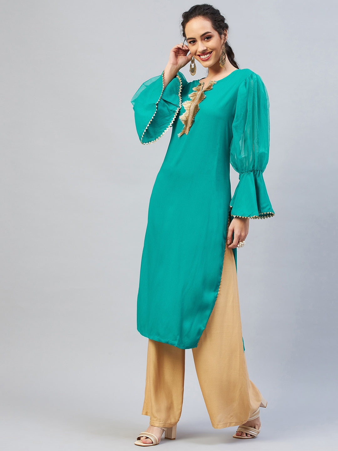 InWeave Women's Aqua Blue Organza Sleeve Gota Work Kurta