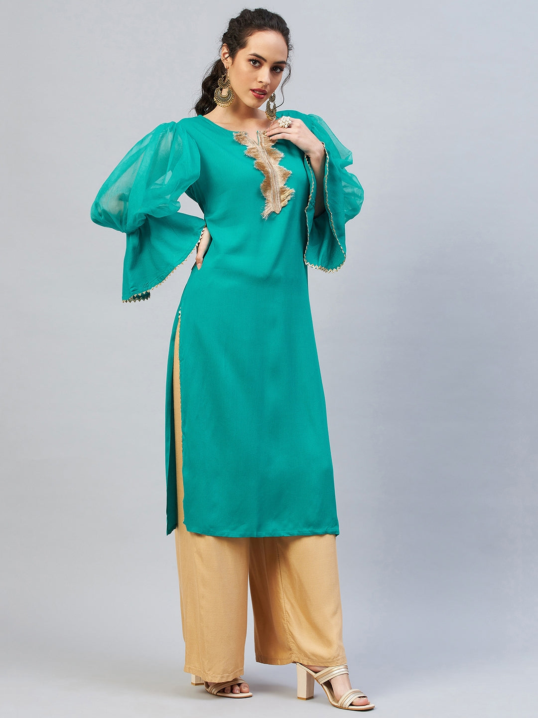 InWeave Women's Aqua Blue Organza Sleeve Gota Work Kurta