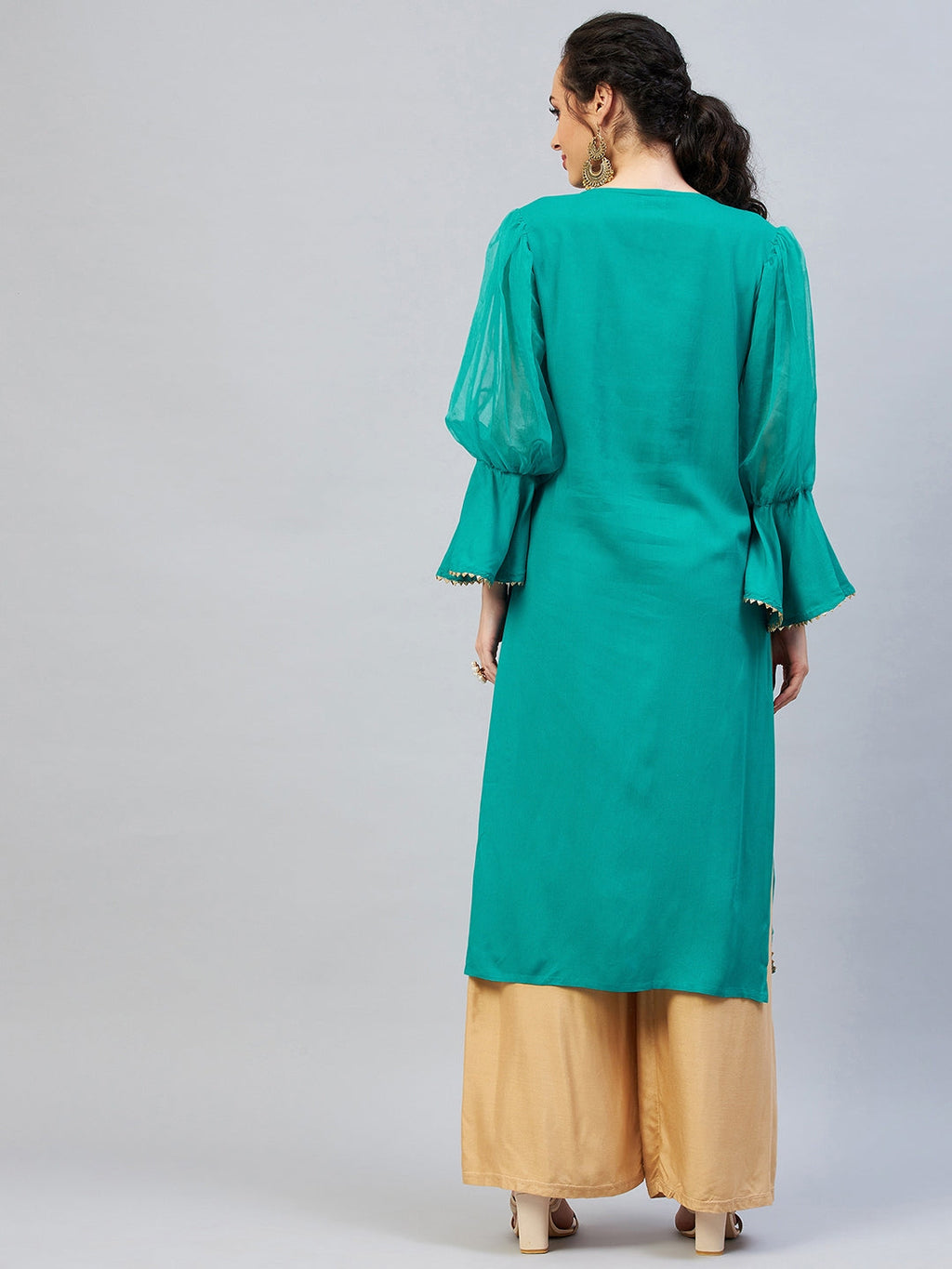 InWeave Women's Aqua Blue Organza Sleeve Gota Work Kurta