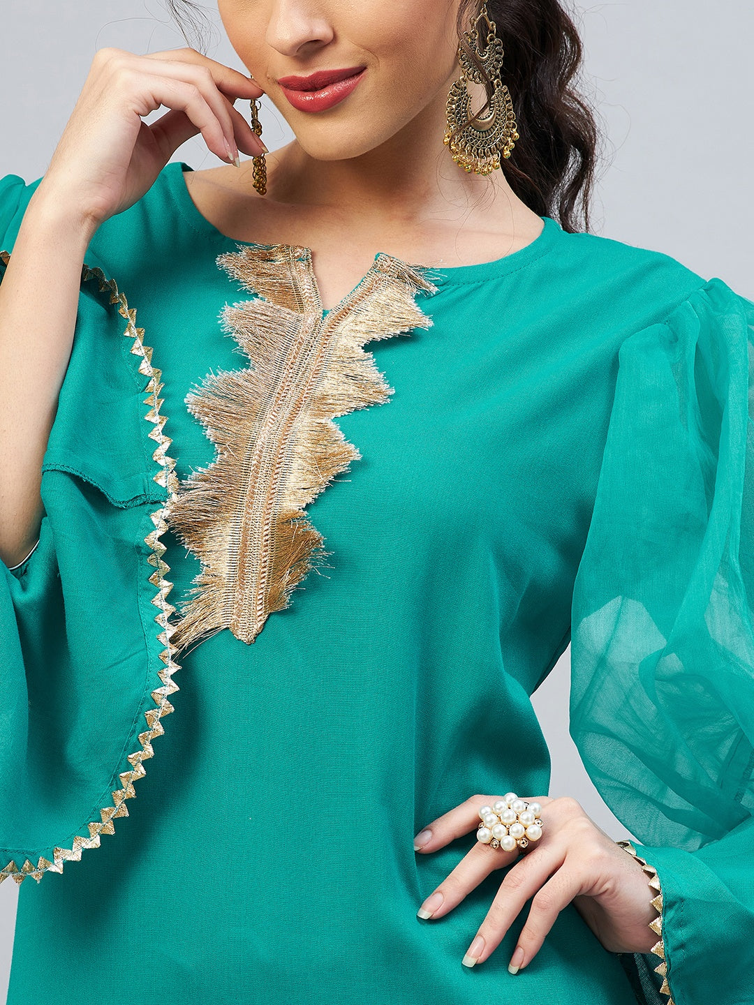 InWeave Women's Aqua Blue Organza Sleeve Gota Work Kurta
