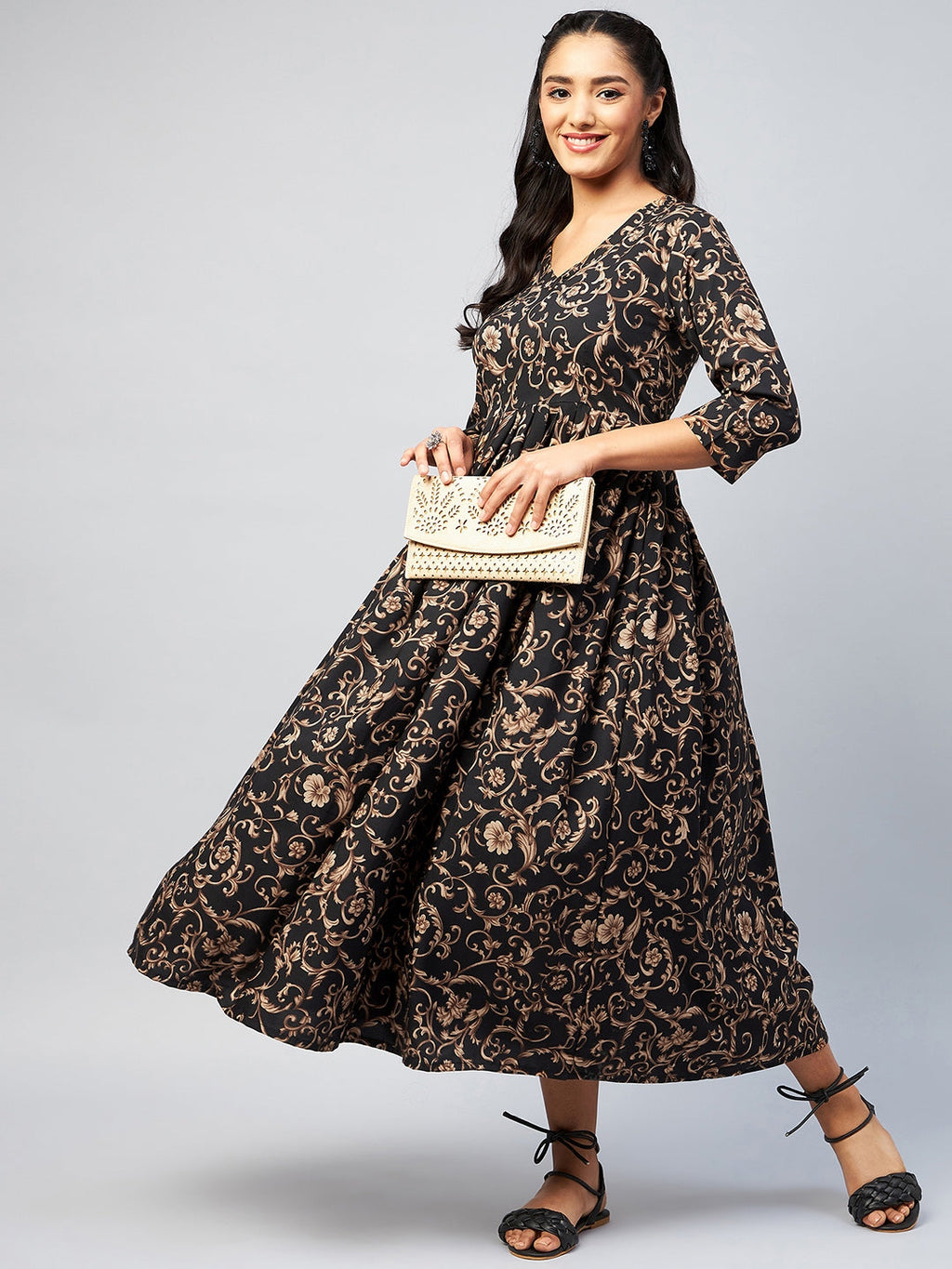 InWeave Women's Black Jaal Print Long Anarkali Kurta
