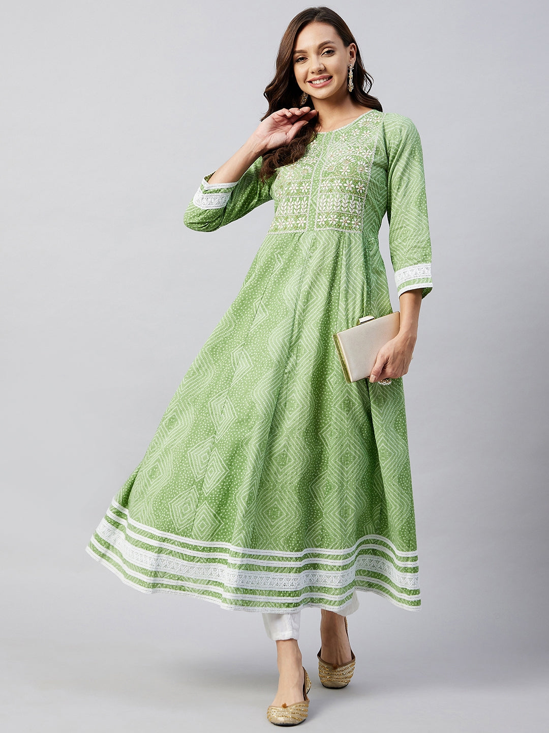 InWeave Women's Mint Green Mirror Work Anarkali Kurta