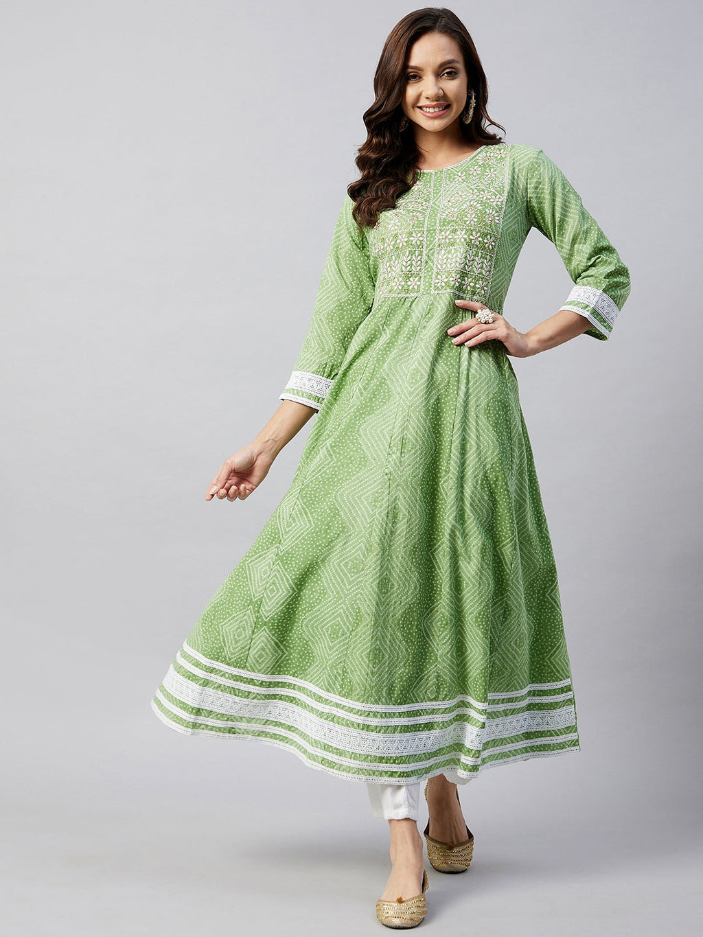 InWeave Women's Mint Green Mirror Work Anarkali Kurta