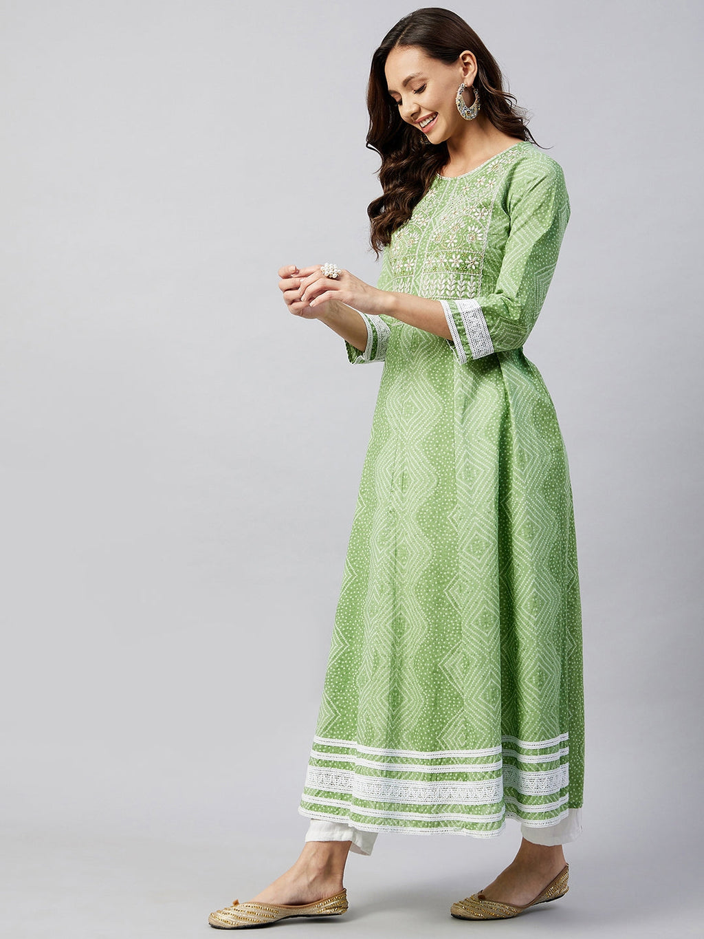 InWeave Women's Mint Green Mirror Work Anarkali Kurta