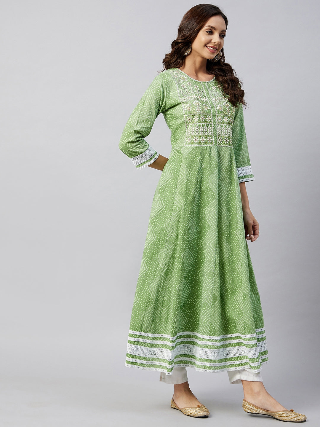 InWeave Women's Mint Green Mirror Work Anarkali Kurta