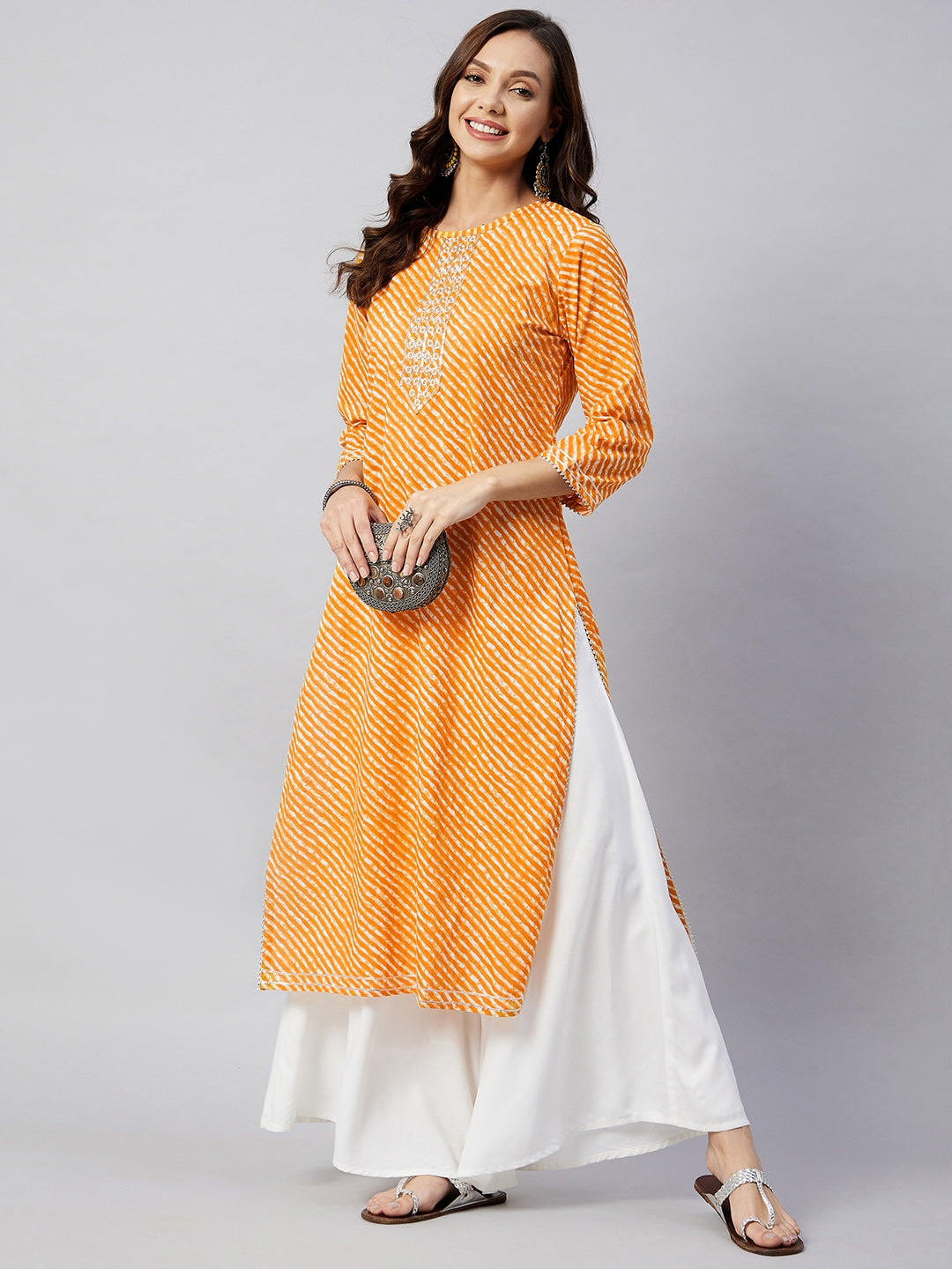 InWeave Women's Mustard Lehriya Work Kurta