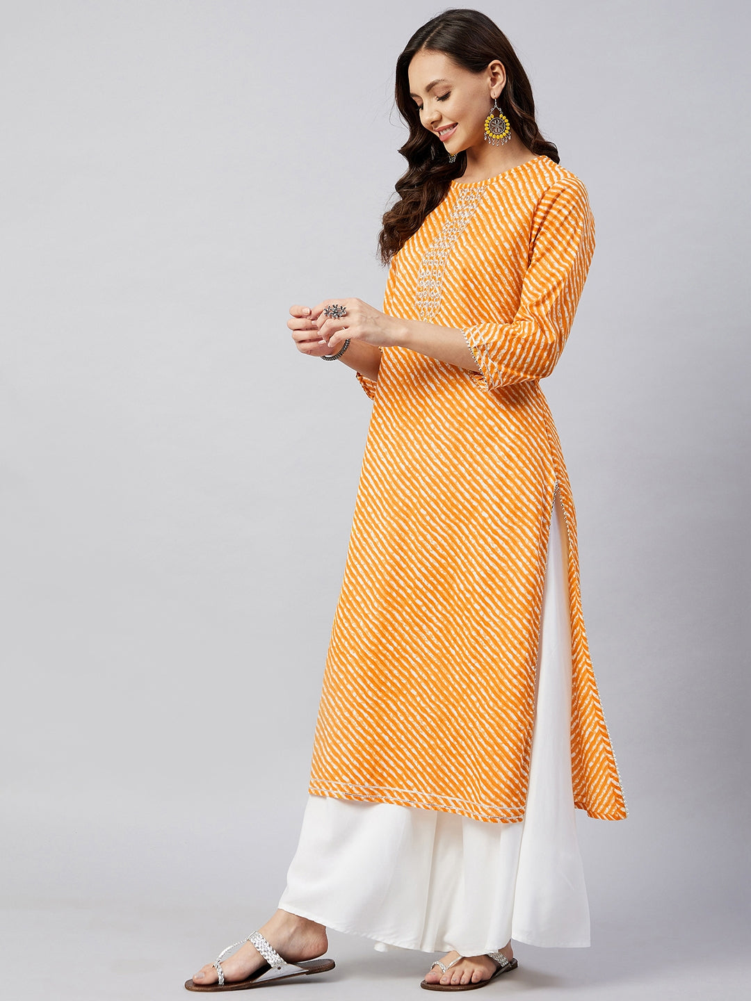 InWeave Women's Mustard Lehriya Work Kurta
