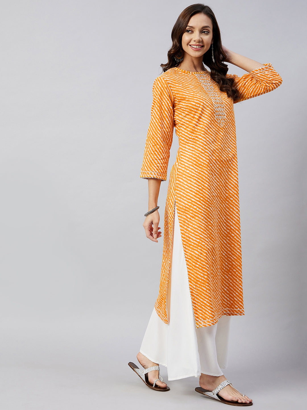InWeave Women's Mustard Lehriya Work Kurta