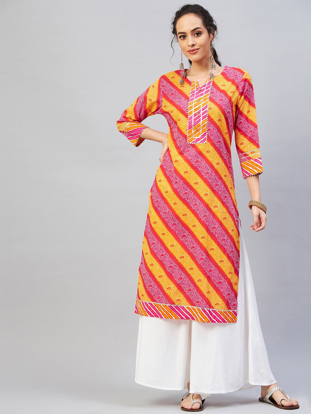 InWeave Women's Pink Mustard Lehriya Straight Kurta