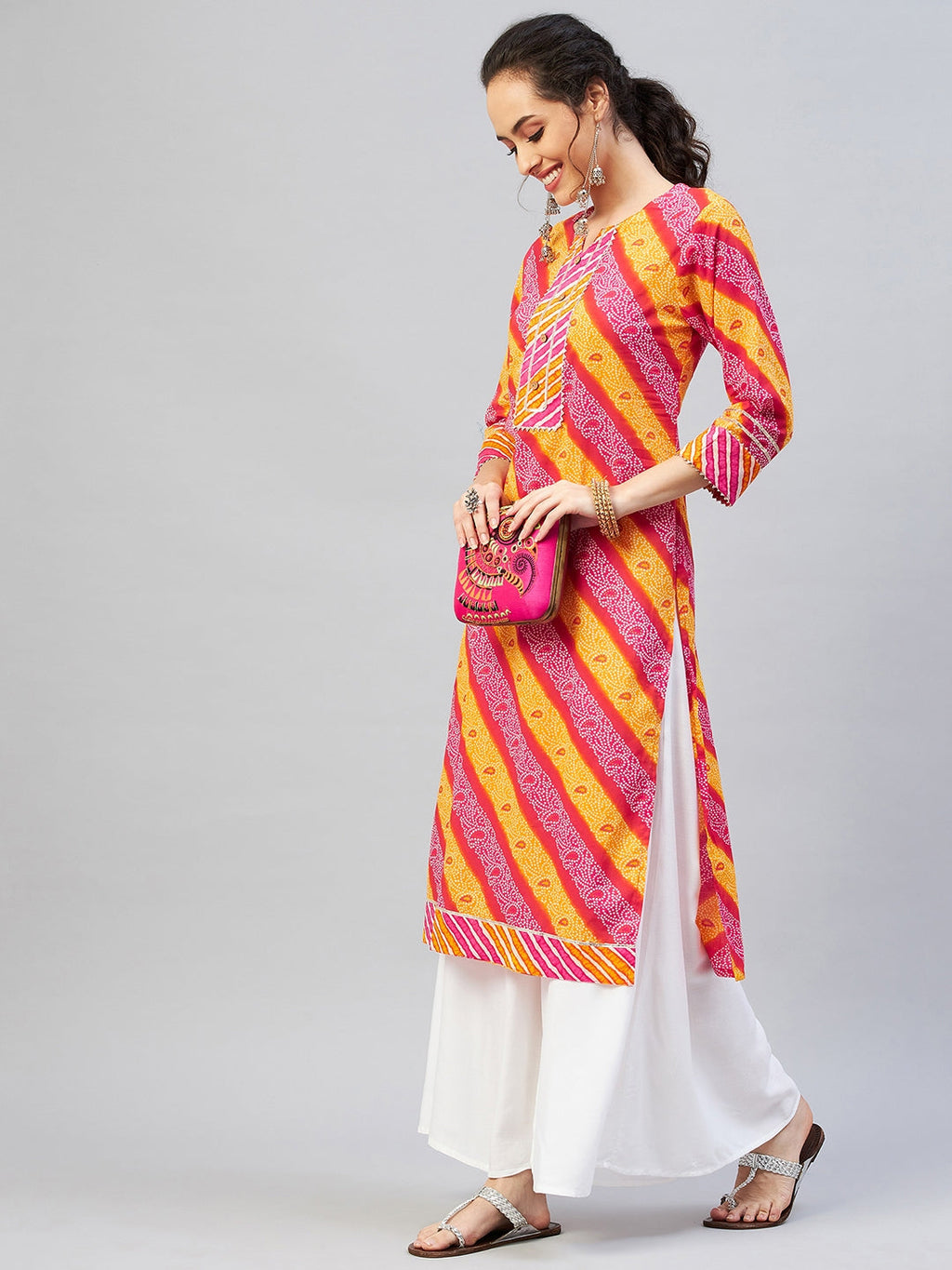 InWeave Women's Pink Mustard Lehriya Straight Kurta