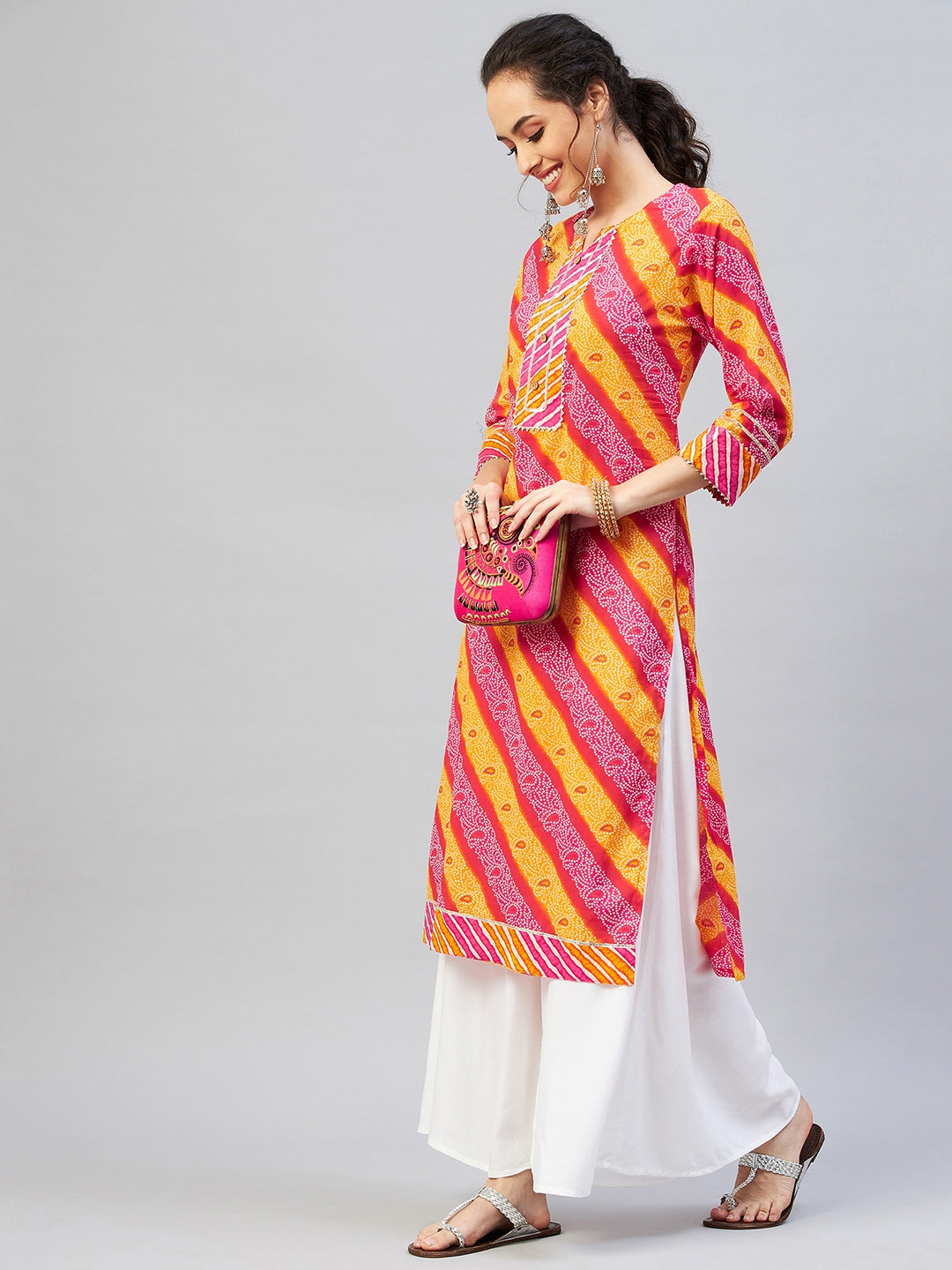 InWeave Women's Pink Mustard Lehriya Straight Kurta
