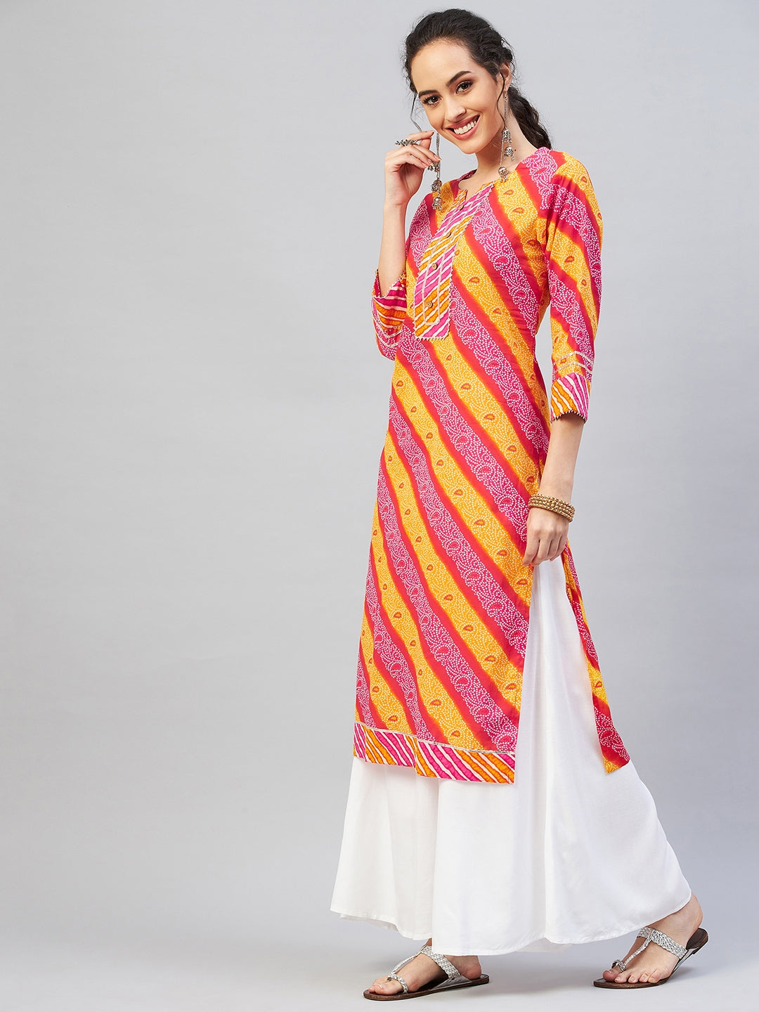 InWeave Women's Pink Mustard Lehriya Straight Kurta