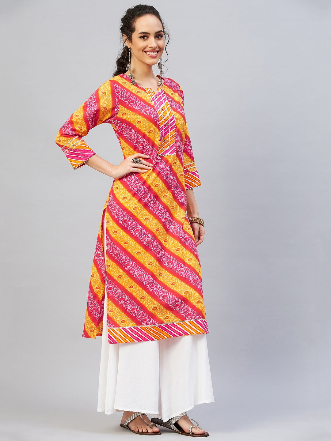InWeave Women's Pink Mustard Lehriya Straight Kurta
