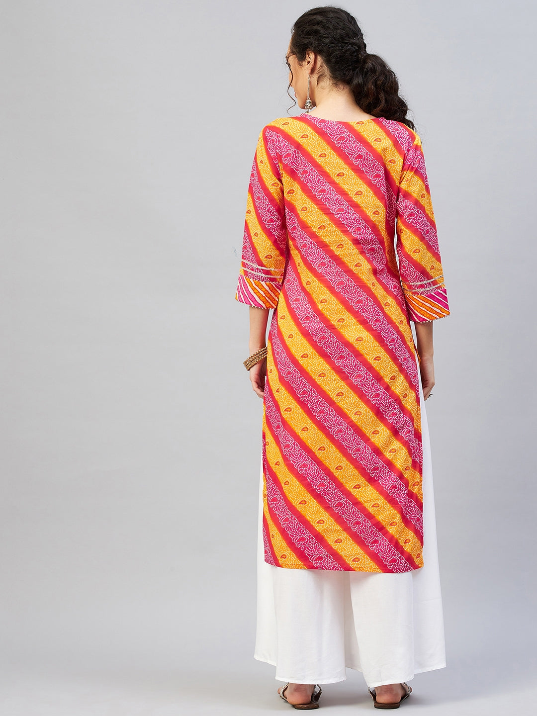 InWeave Women's Pink Mustard Lehriya Straight Kurta