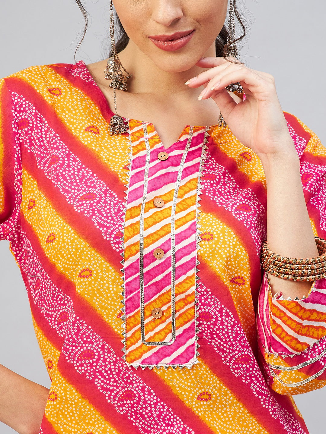 InWeave Women's Pink Mustard Lehriya Straight Kurta